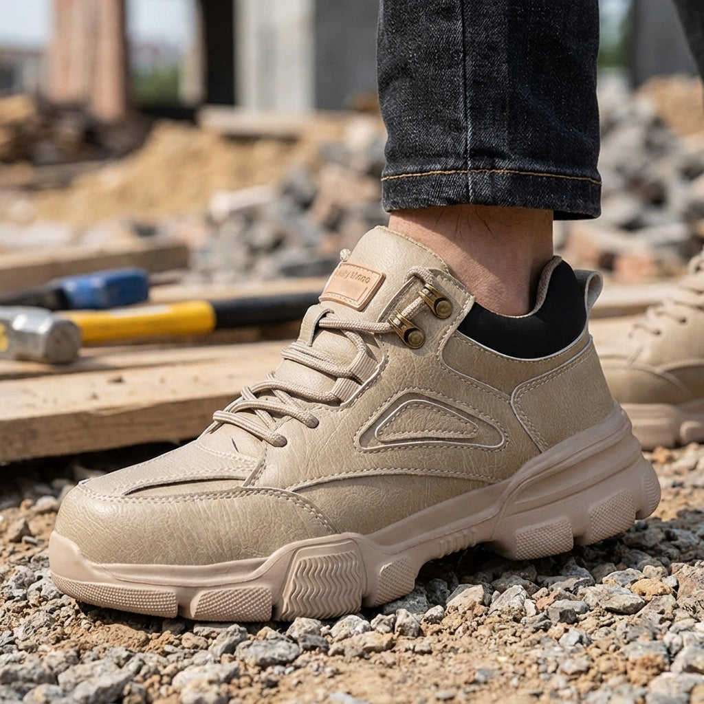 Low profile safety shoes with reinforced toe protection and slip-resistant sole