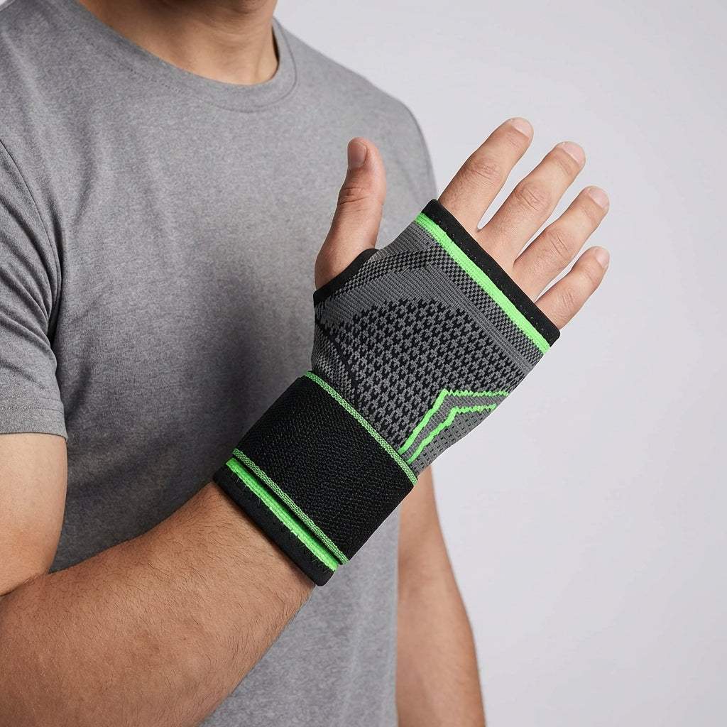 Adjustable compression wrist brace with palm support and breathable nylon