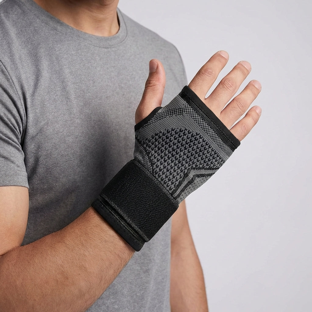 Adjustable compression wrist brace with palm support and breathable nylon