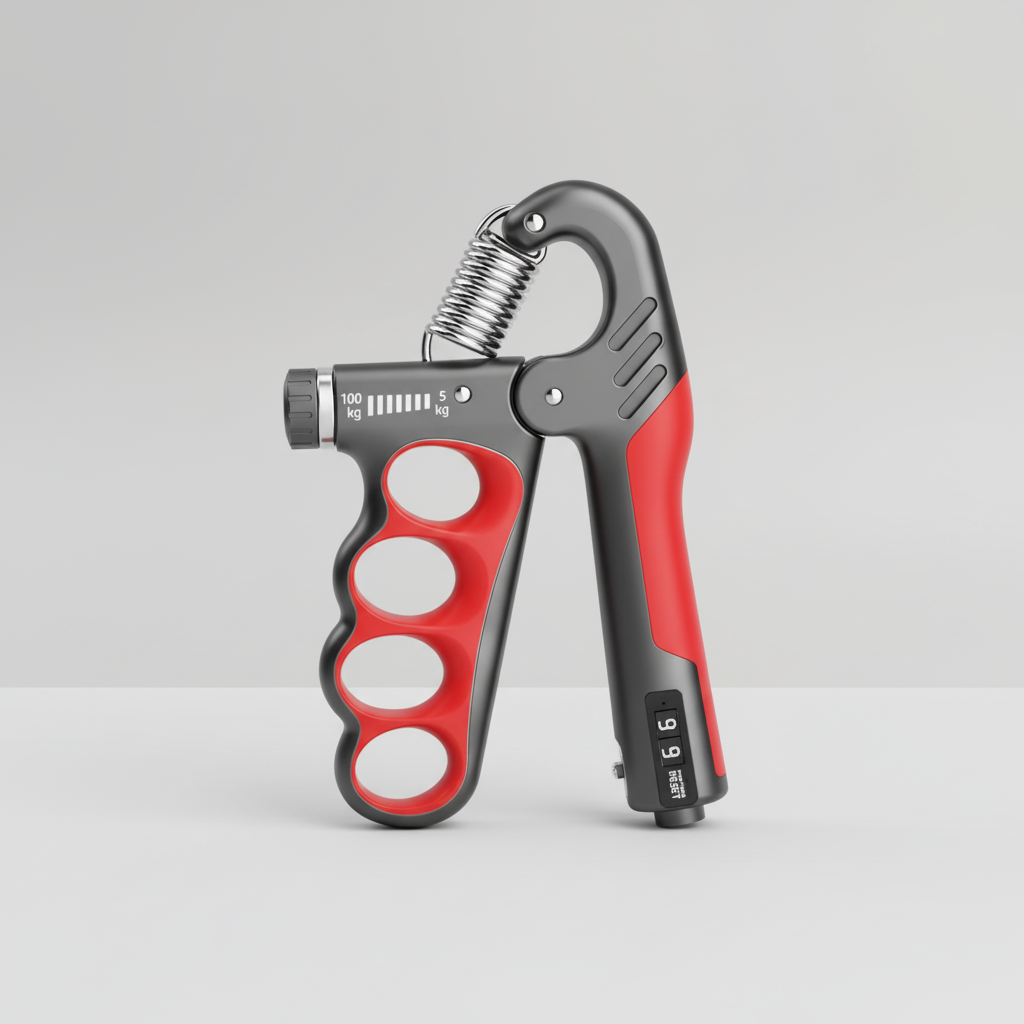 Adjustable hand trainer with ergonomic finger grooves and metal spring
