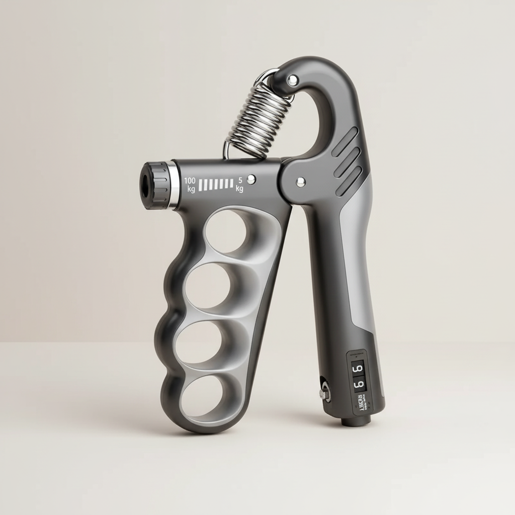 Adjustable hand trainer with ergonomic finger grooves and metal spring