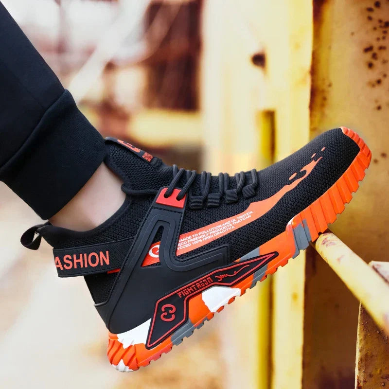 High-top work boots with reinforced protective toe and puncture-resistant sole