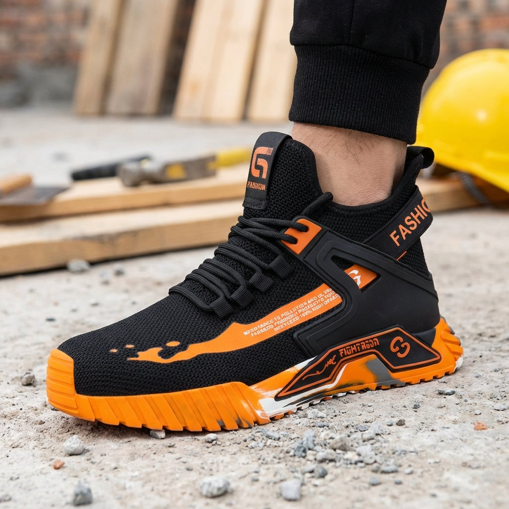 High-top work boots with reinforced protective toe and puncture-resistant sole