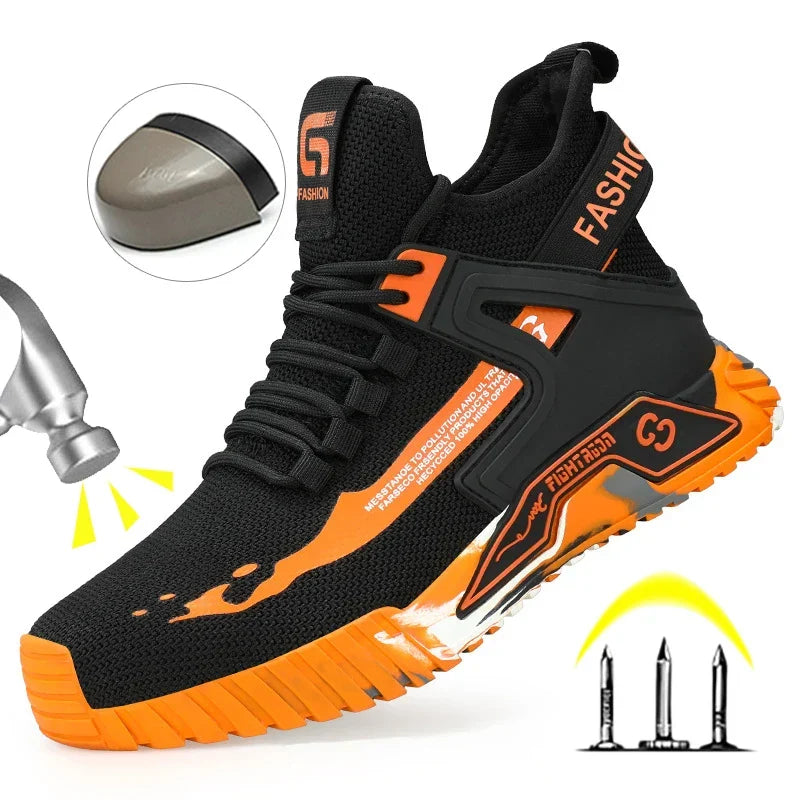 High-top work boots with reinforced protective toe and puncture-resistant sole