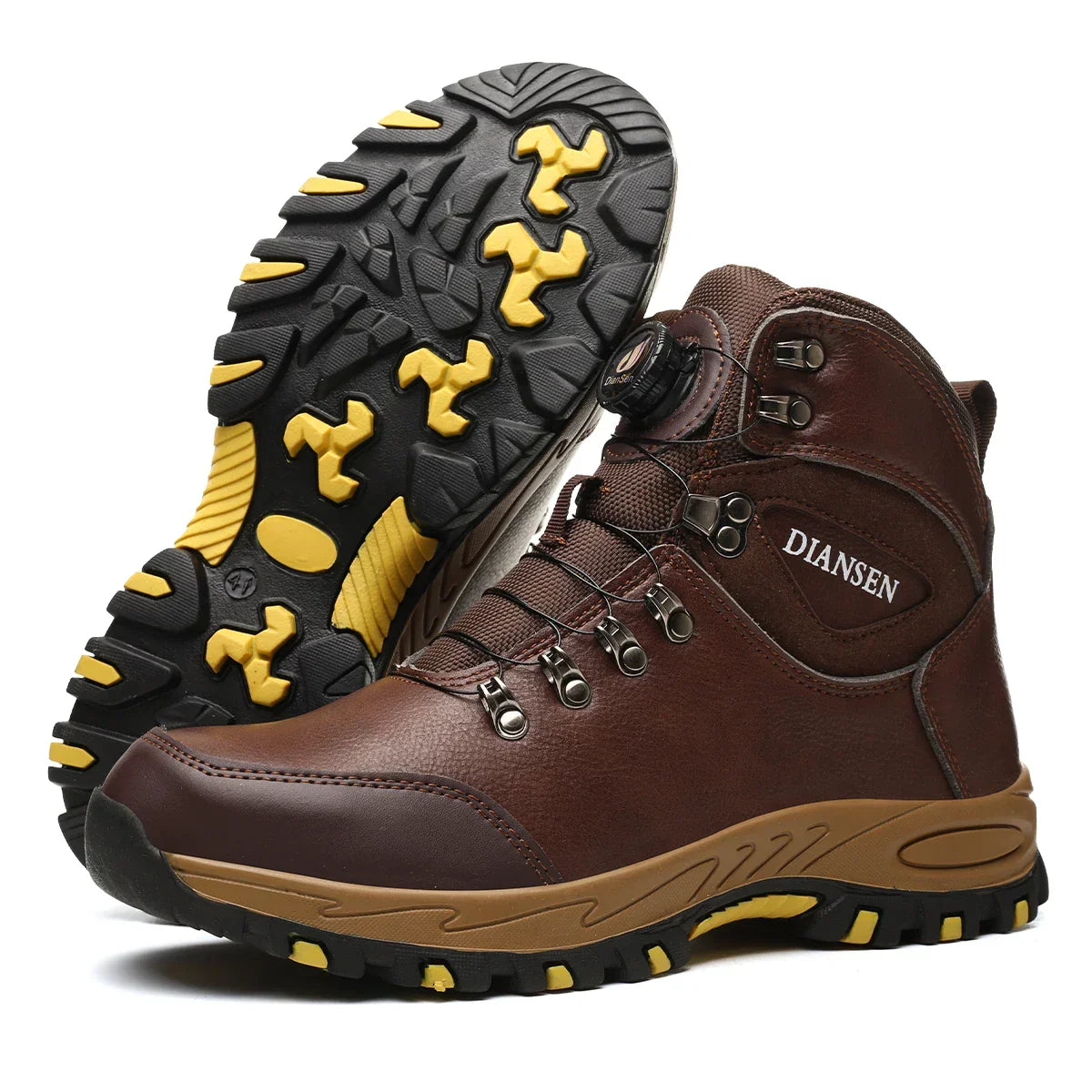 High ankle safety boots with rotating dial closure and slip-resistant sole