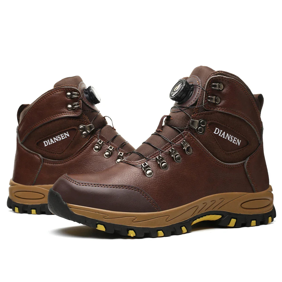 High ankle safety boots with rotating dial closure and slip-resistant sole