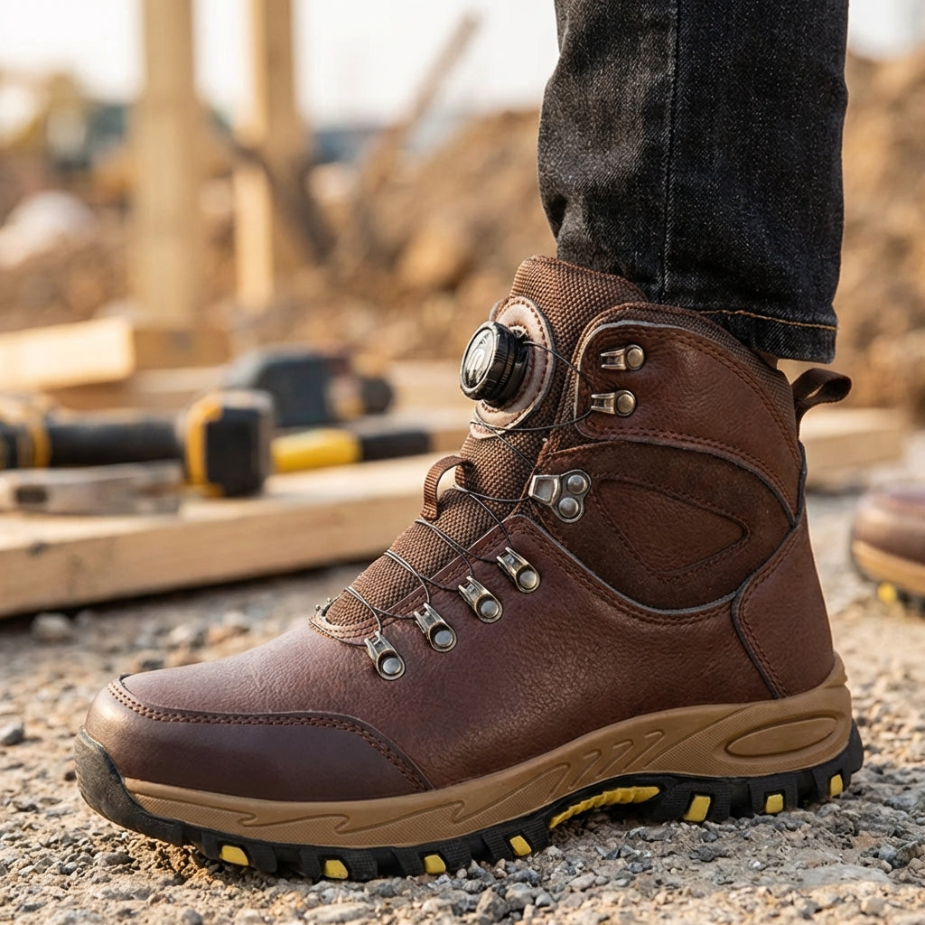 High ankle safety boots with rotating dial closure and slip-resistant sole