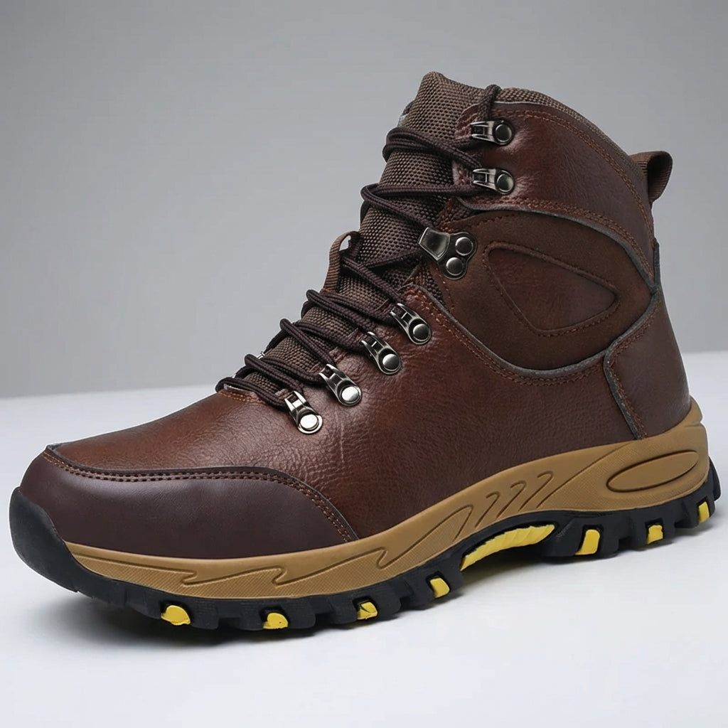 High ankle safety boots with rotating dial closure and slip-resistant sole