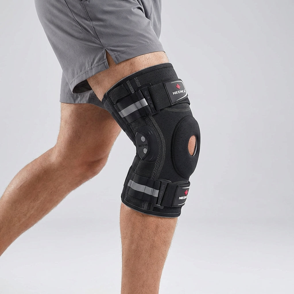 Hinged knee brace with dual side stabilizers and open patella design