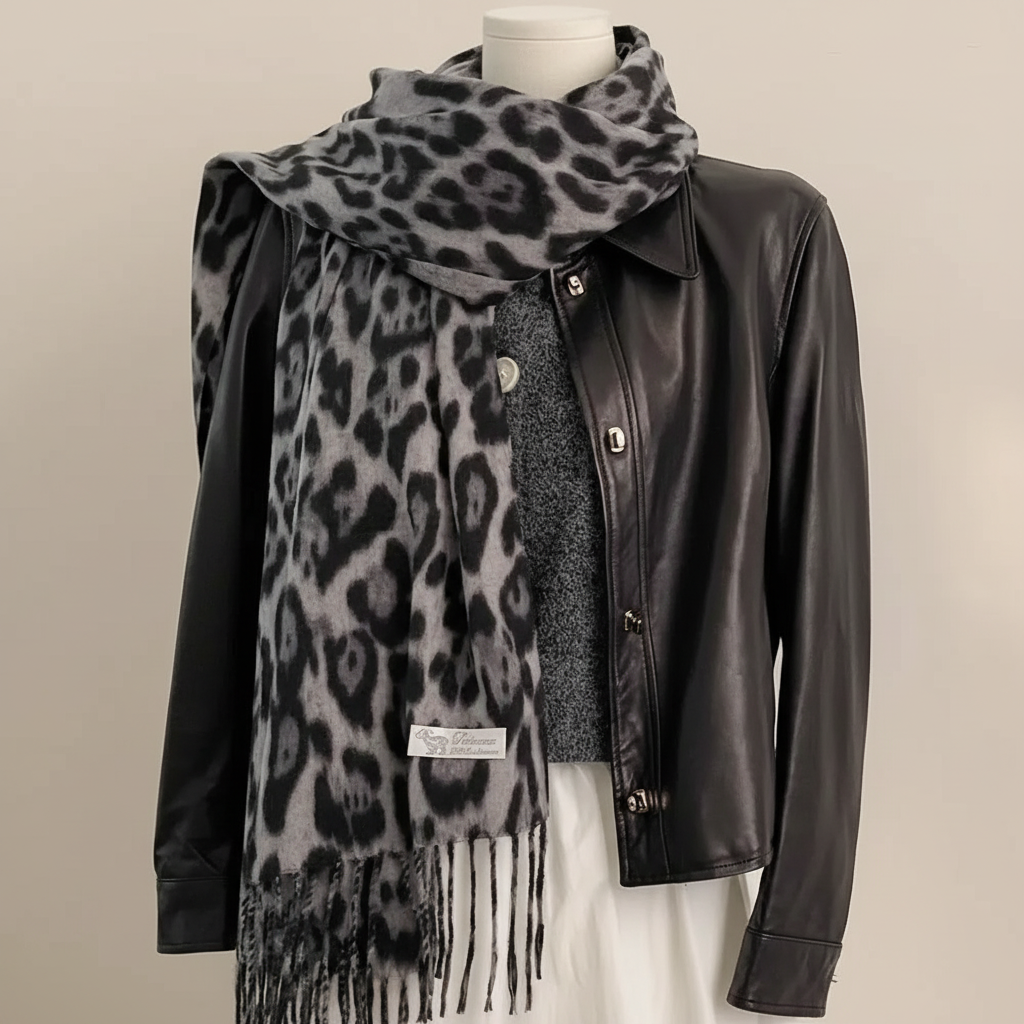 Women's leopard print knit shawl with faux cashmere texture