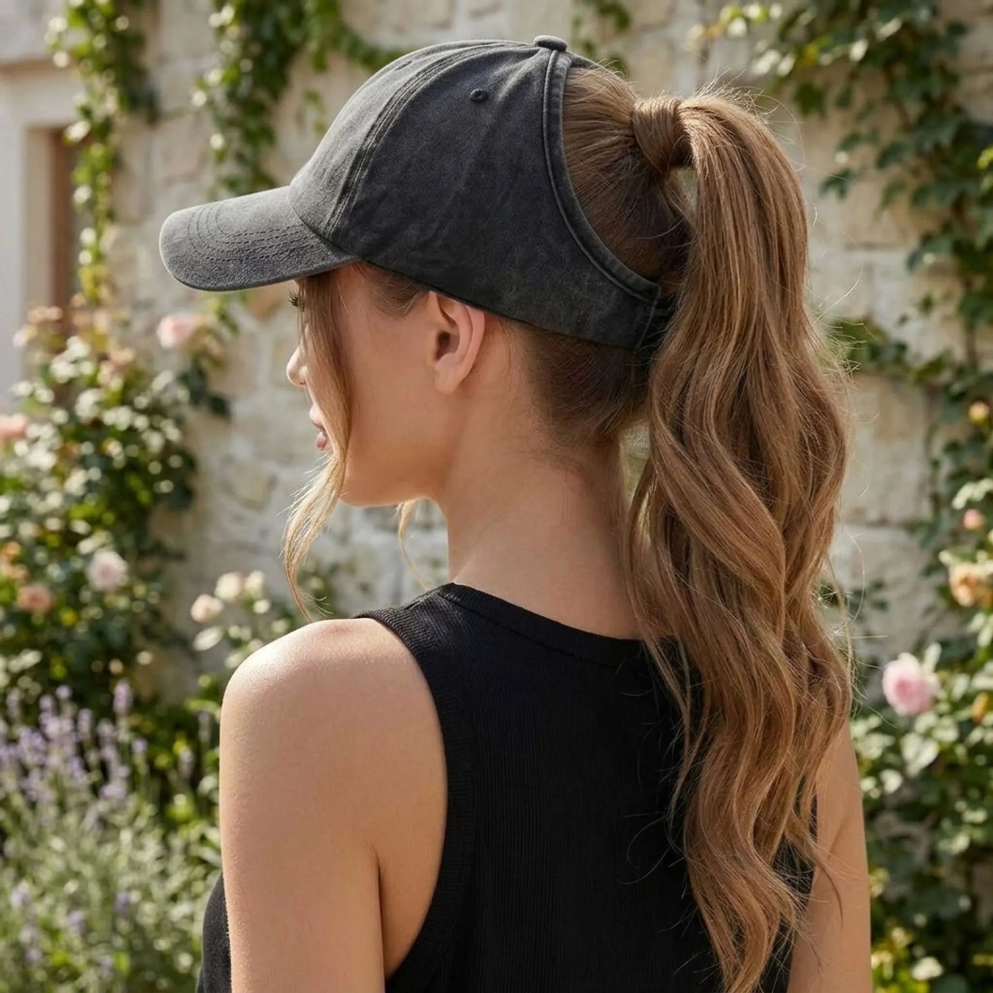Open back baseball cap for ponytails with vintage washed finish