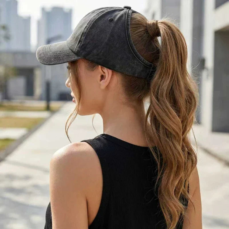 Open back baseball cap for ponytails with vintage washed finish