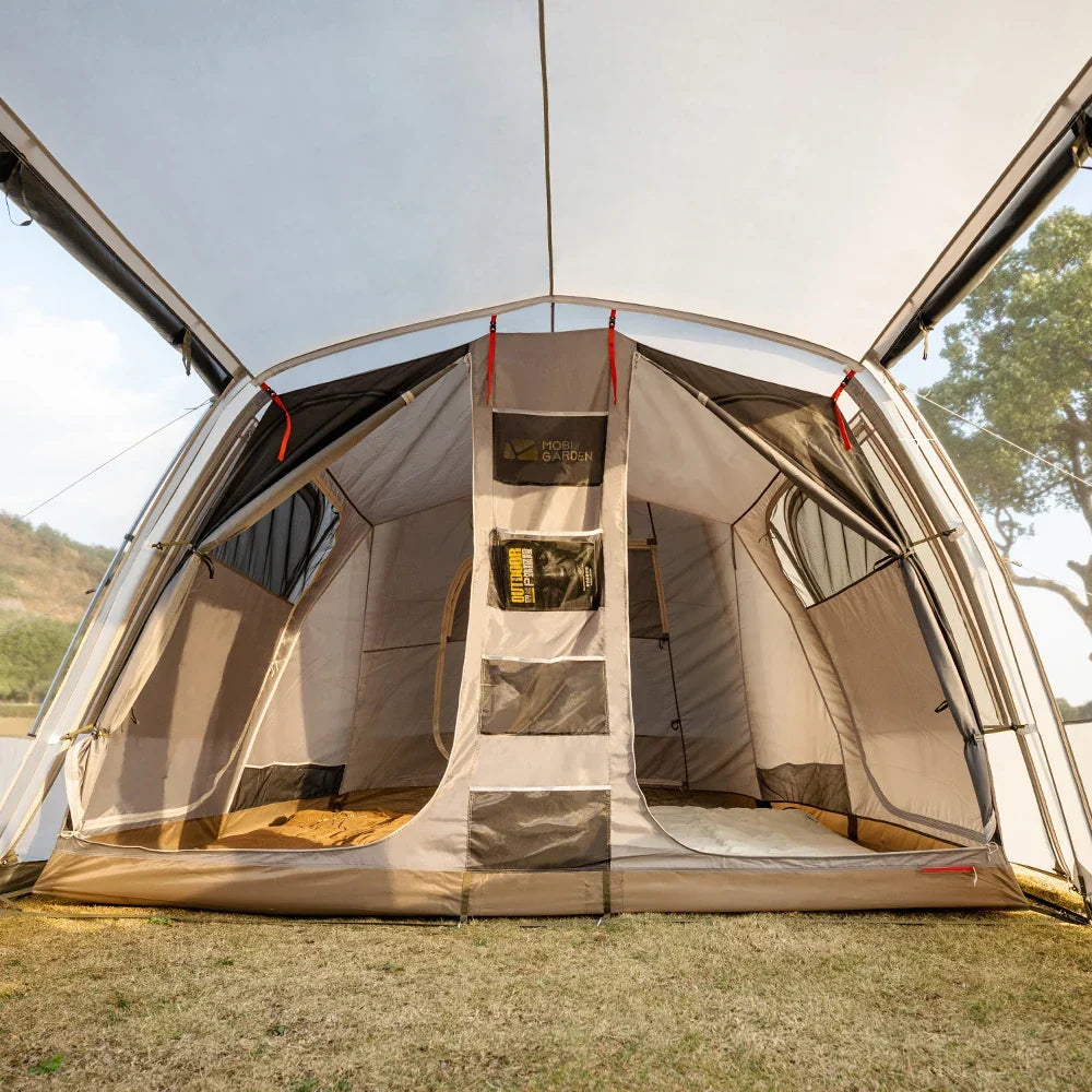 Spacious family tunnel tent with large shared area and covered canopy