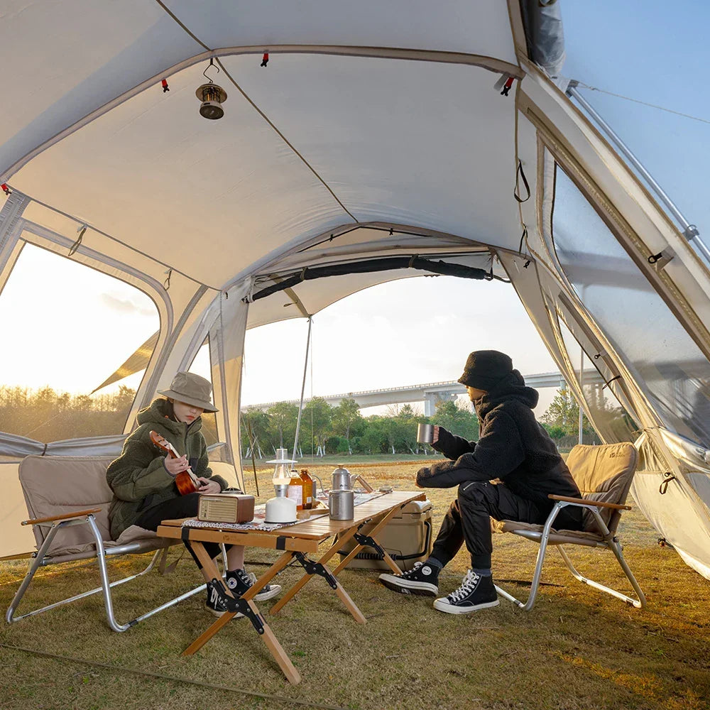 Spacious family tunnel tent with large shared area and covered canopy