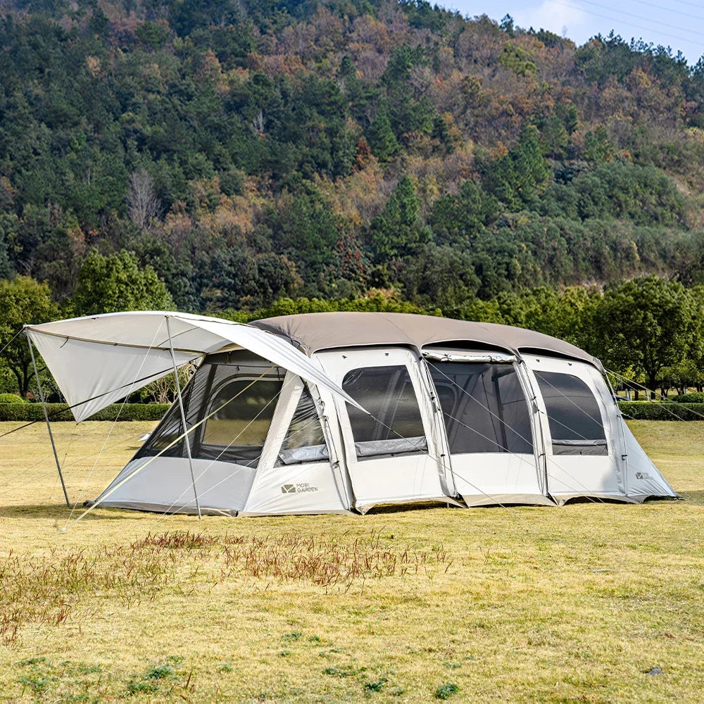 Spacious family tunnel tent with large shared area and covered canopy