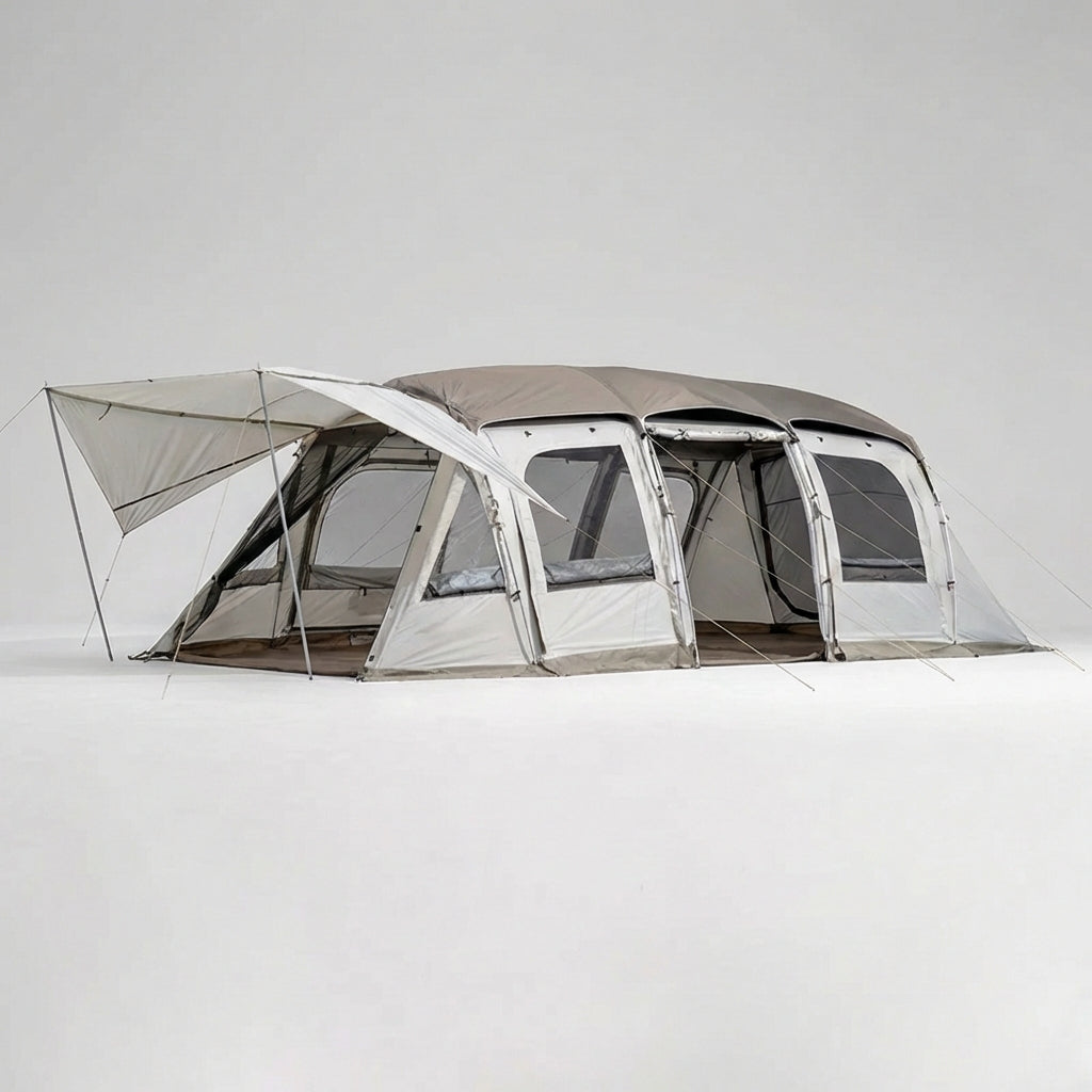 Spacious family tunnel tent with large shared area and covered canopy