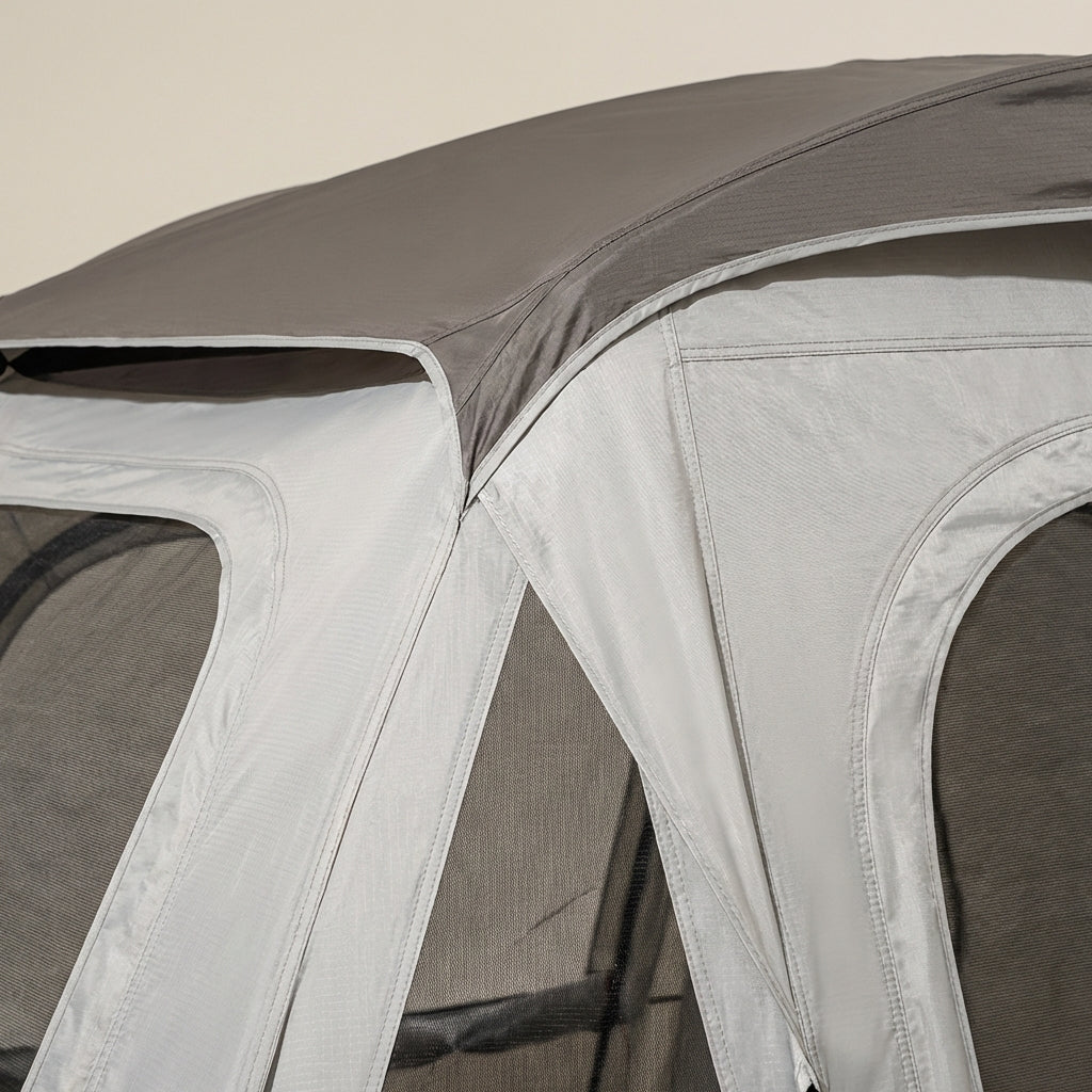 Spacious family tunnel tent with large shared area and covered canopy