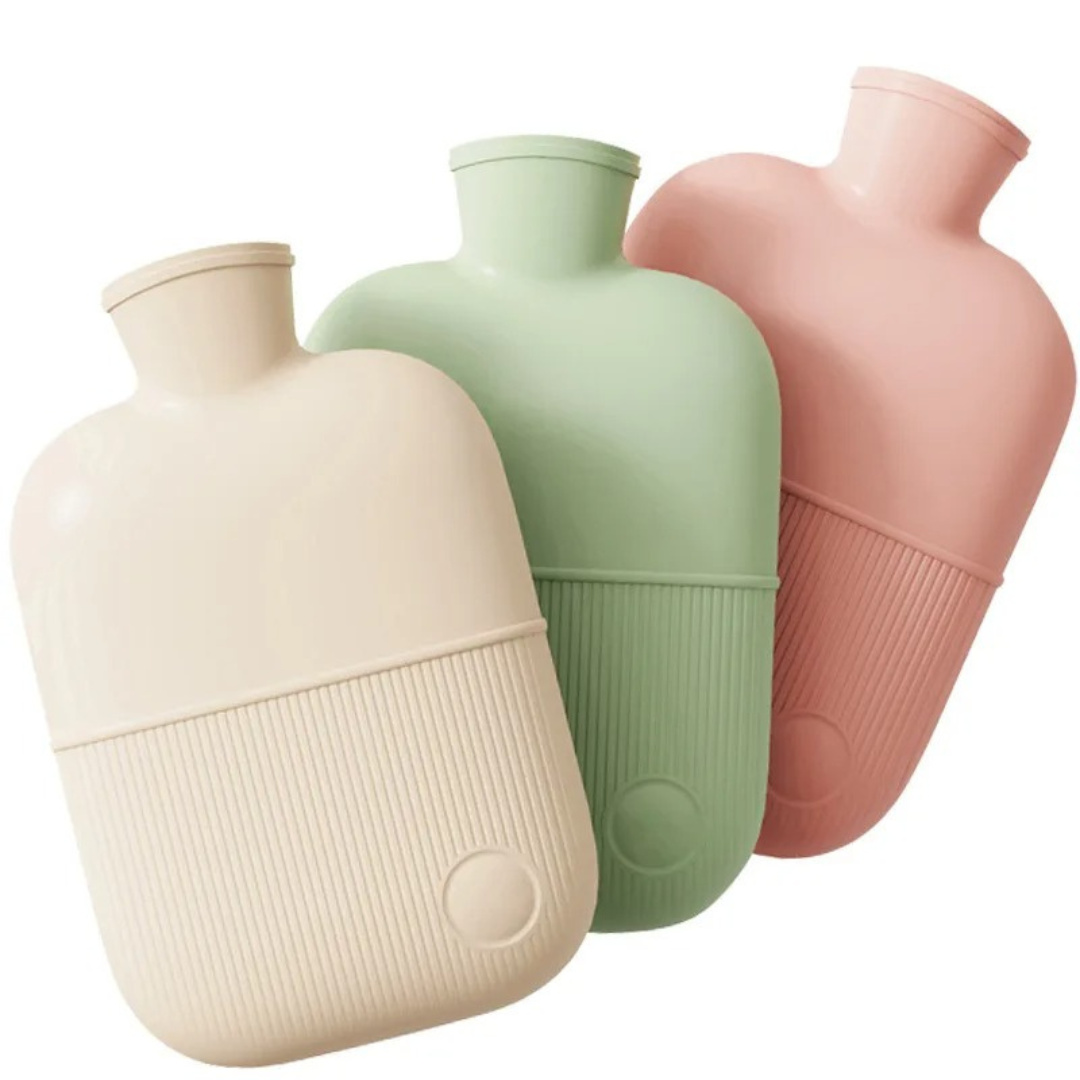 Large hot water bottle with soft surface and leak proof design for warmth