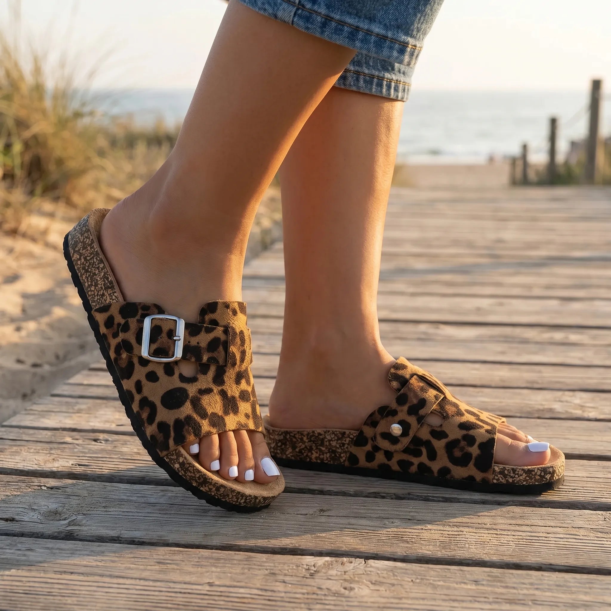 Women's leopard print slides with adjustable strap and flat sole
