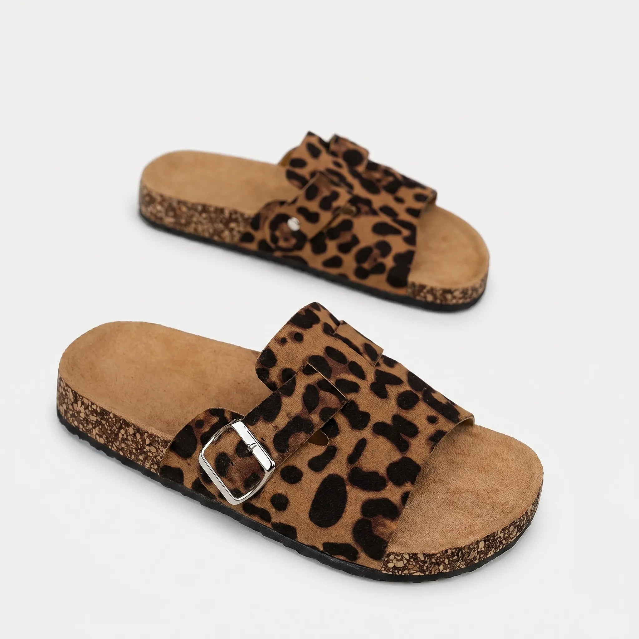 Women's leopard print slides with adjustable strap and flat sole