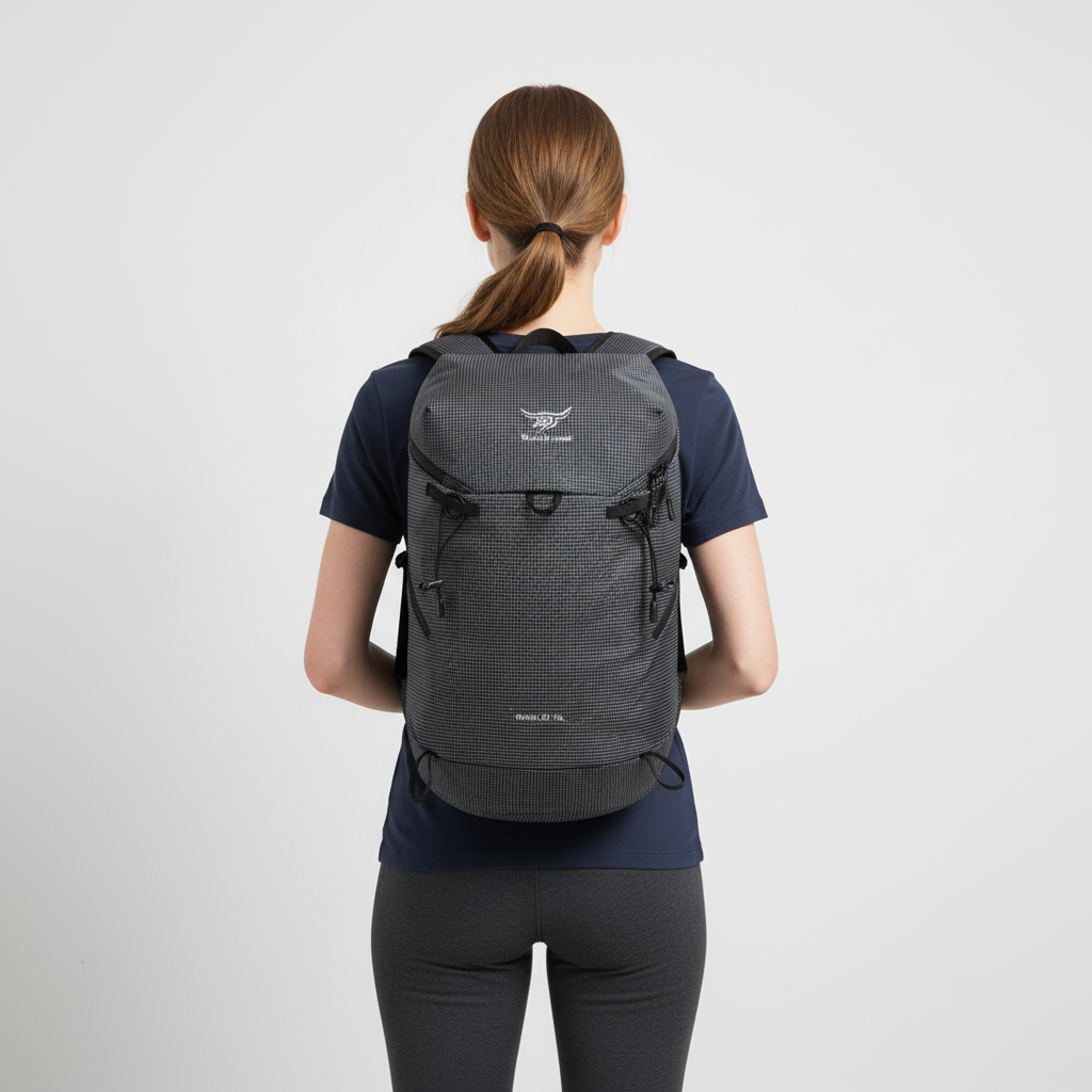 Lightweight packable daypack with ventilated back panel and trekking pole loop
