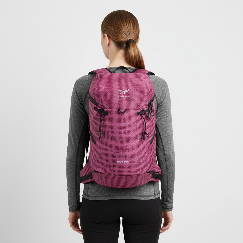 Lightweight packable daypack with ventilated back panel and trekking pole loop