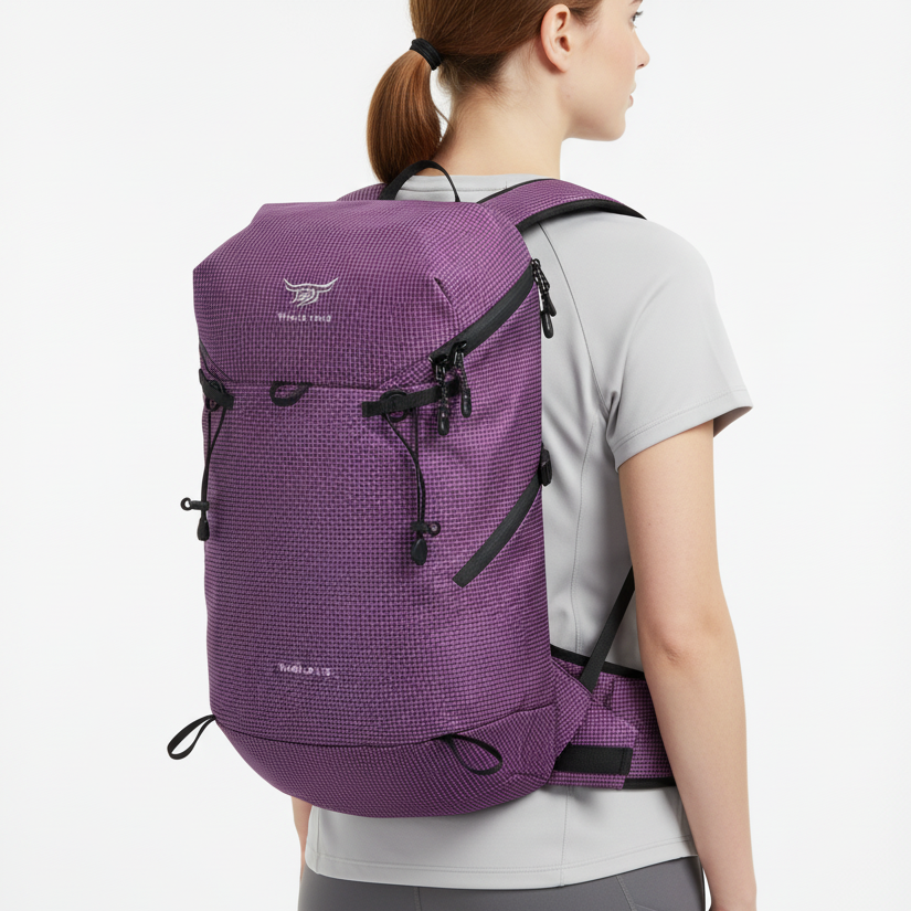 Lightweight packable daypack with ventilated back panel and trekking pole loop