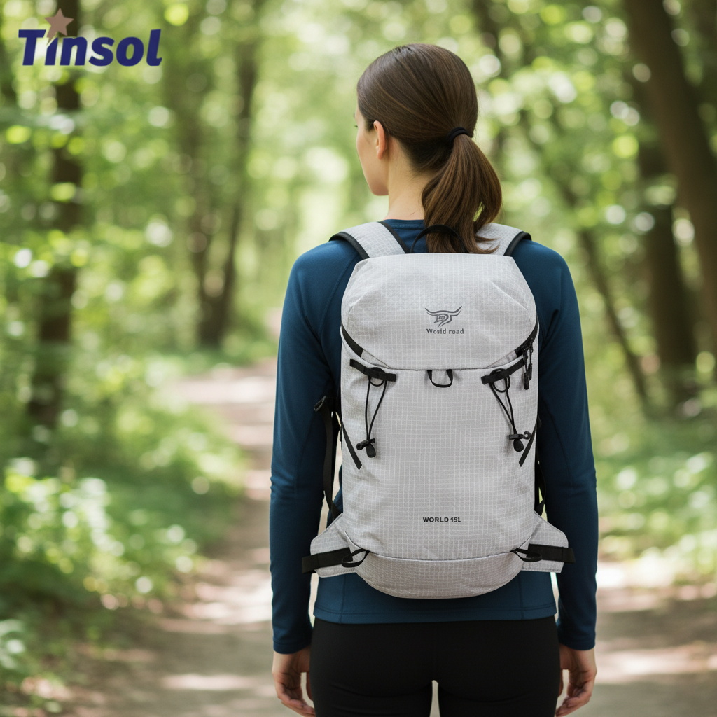 Lightweight packable daypack with ventilated back panel and trekking pole loop