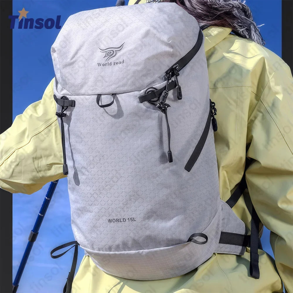 Lightweight packable daypack with ventilated back panel and trekking pole loop