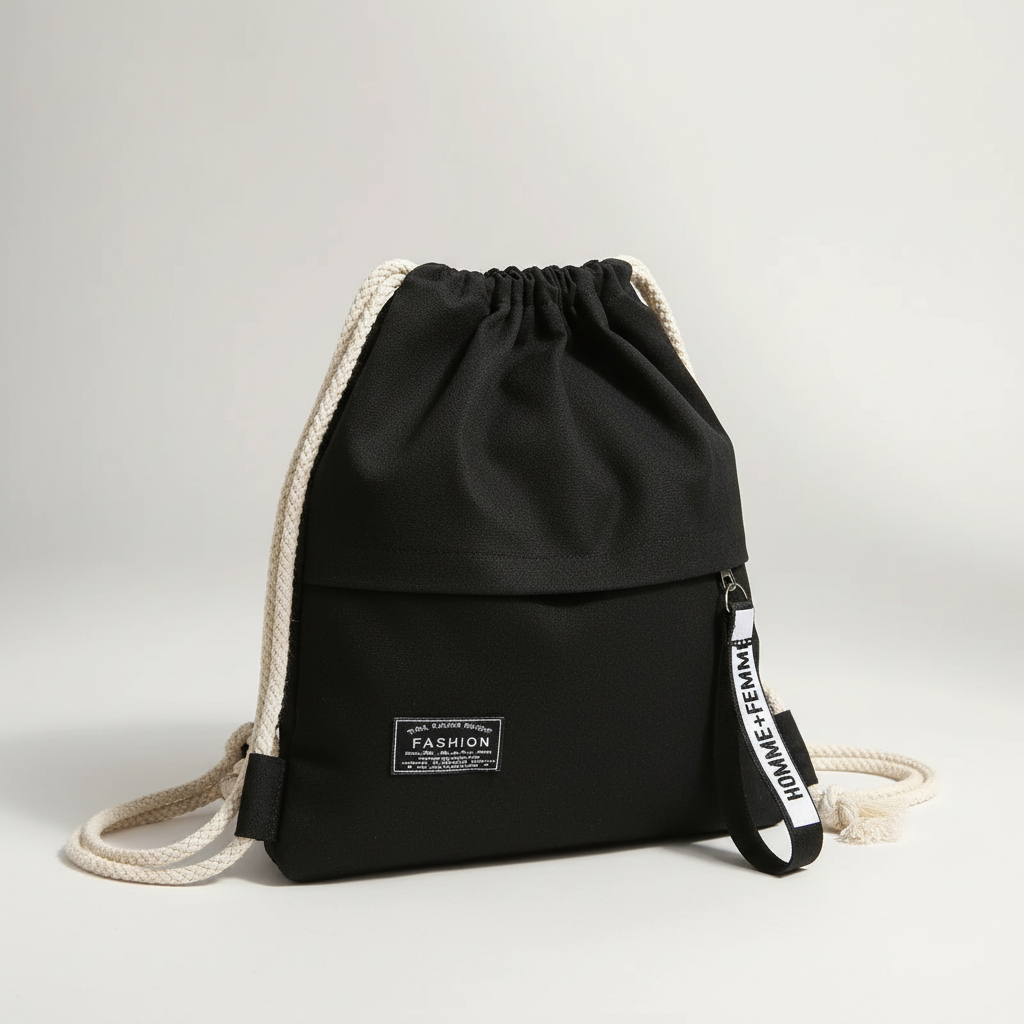 Lightweight drawstring backpack with soft canvas exterior and rope shoulder straps