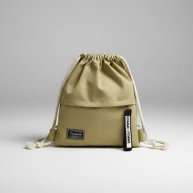Lightweight drawstring backpack with soft canvas exterior and rope shoulder straps