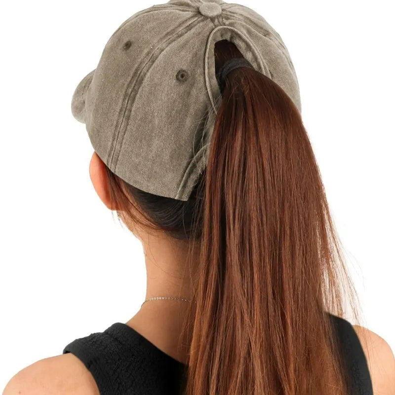 Retro ponytail cap washed black with embroidered heart detail