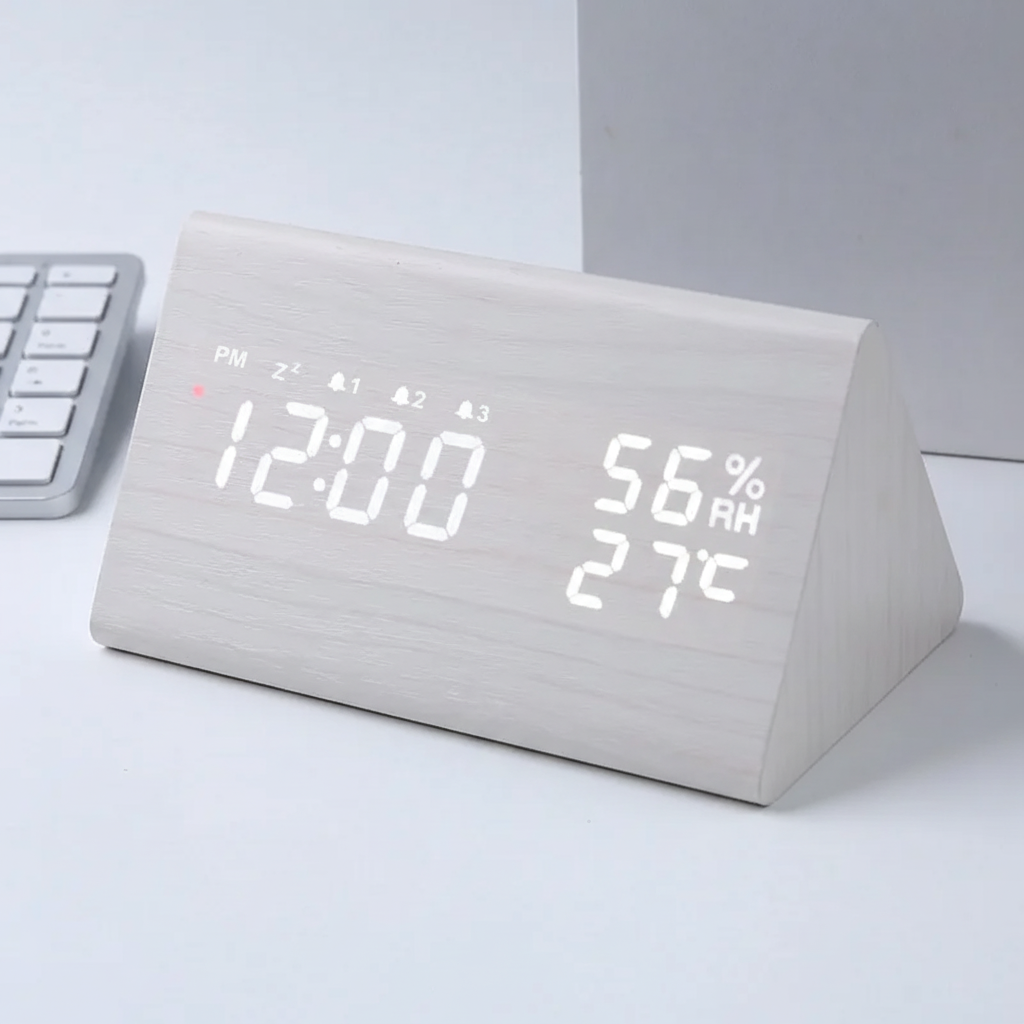 Digital alarm clock with wood-look finish, sound-activated LED display