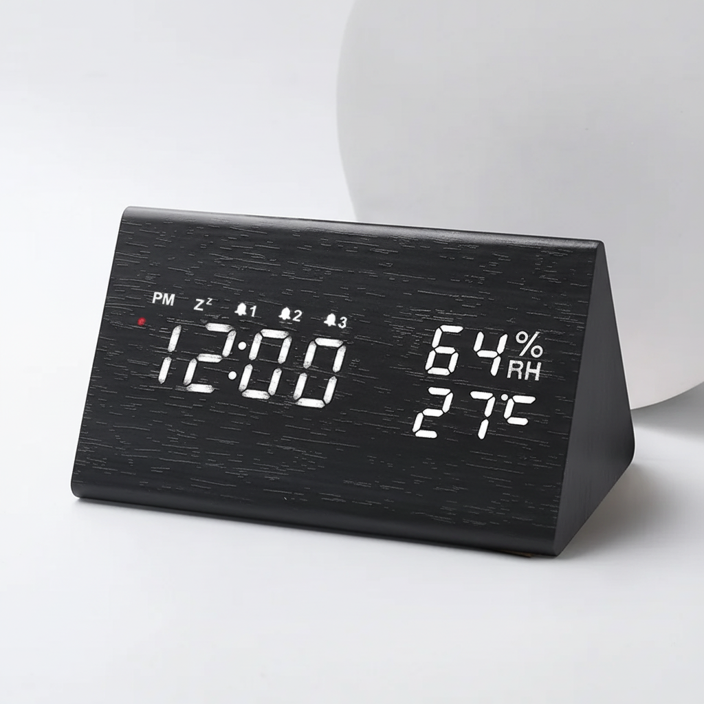 Digital alarm clock with wood-look finish, sound-activated LED display