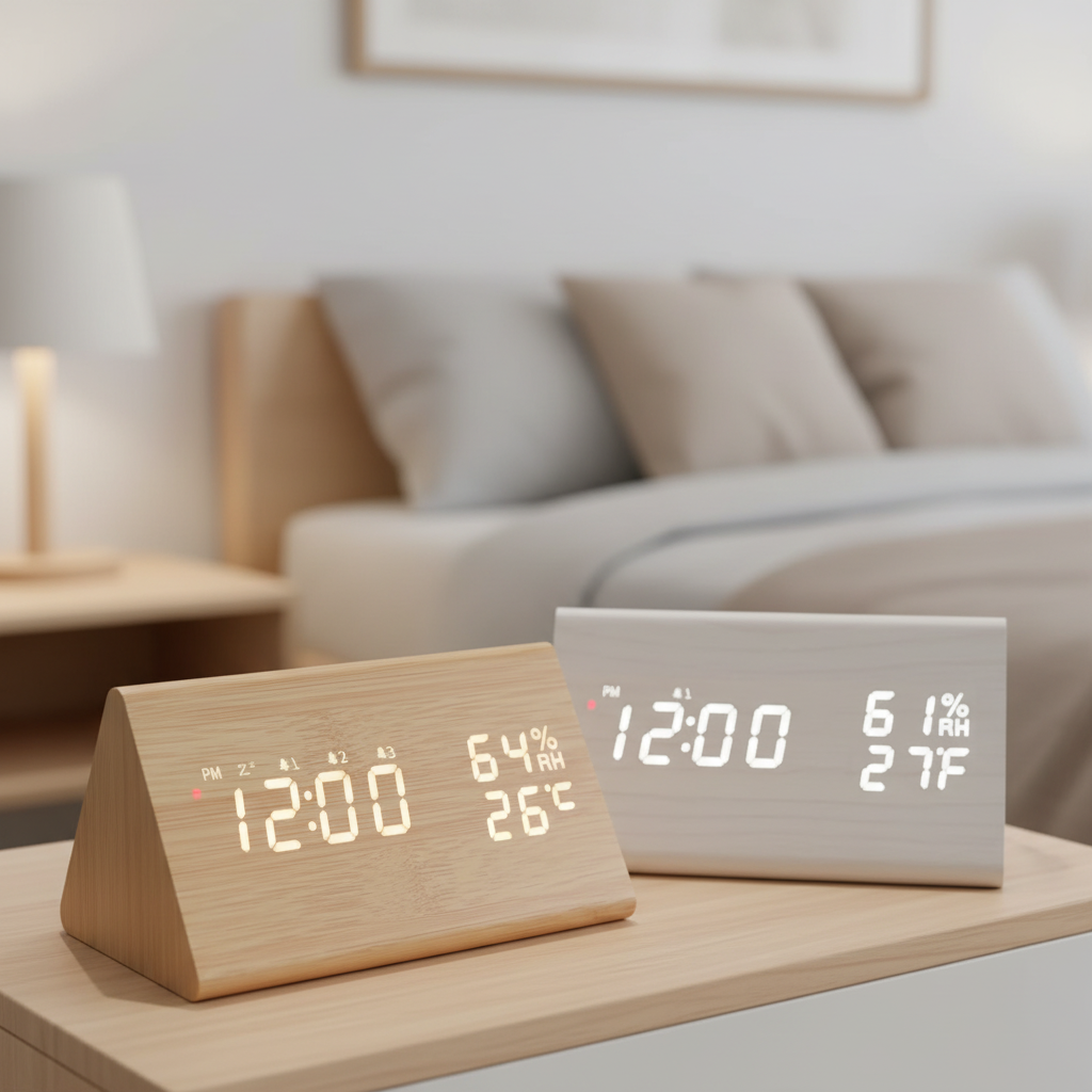 Digital alarm clock with wood-look finish, sound-activated LED display