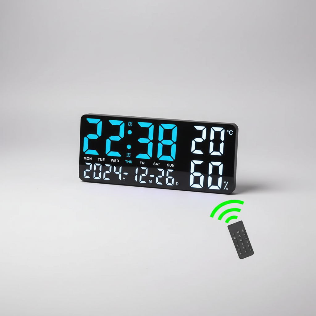 Digital alarm clock with large LED display, temperature and humidity monitoring