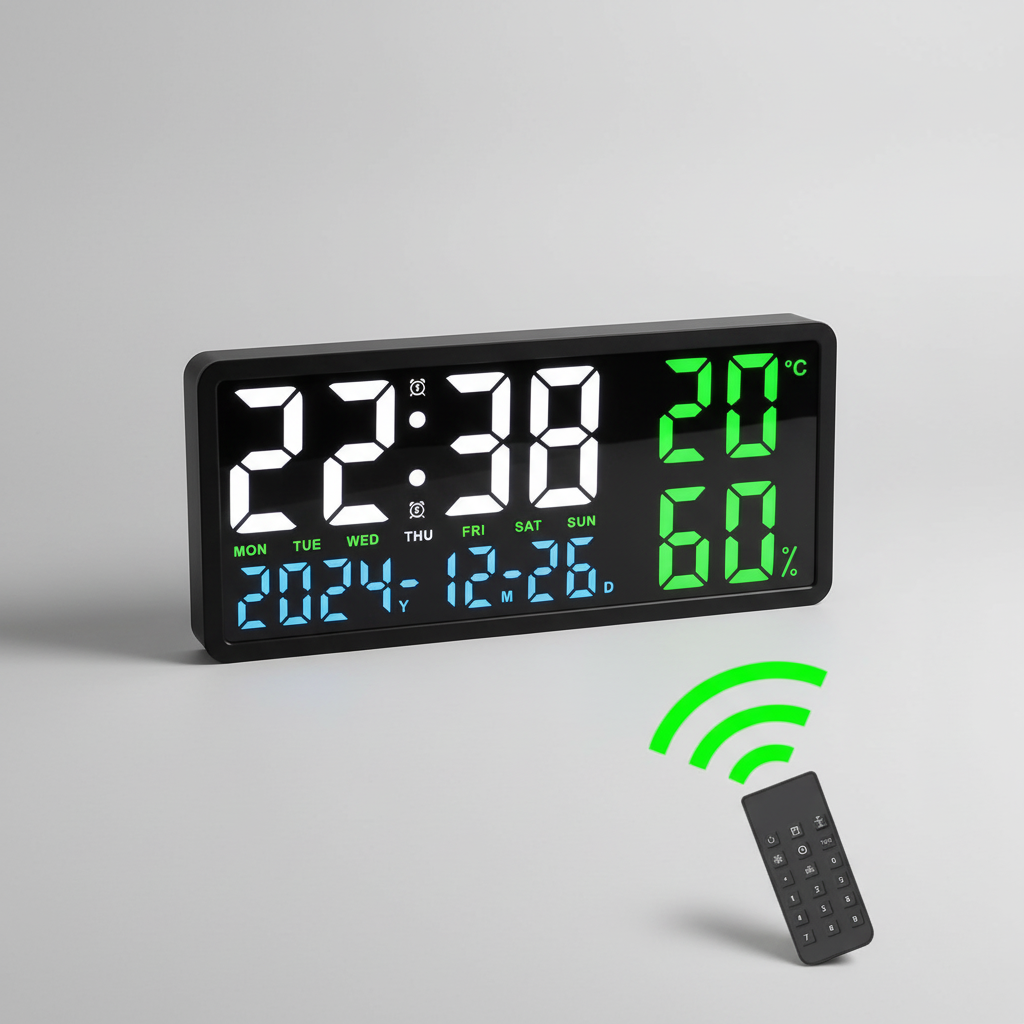 Digital alarm clock with large LED display, temperature and humidity monitoring