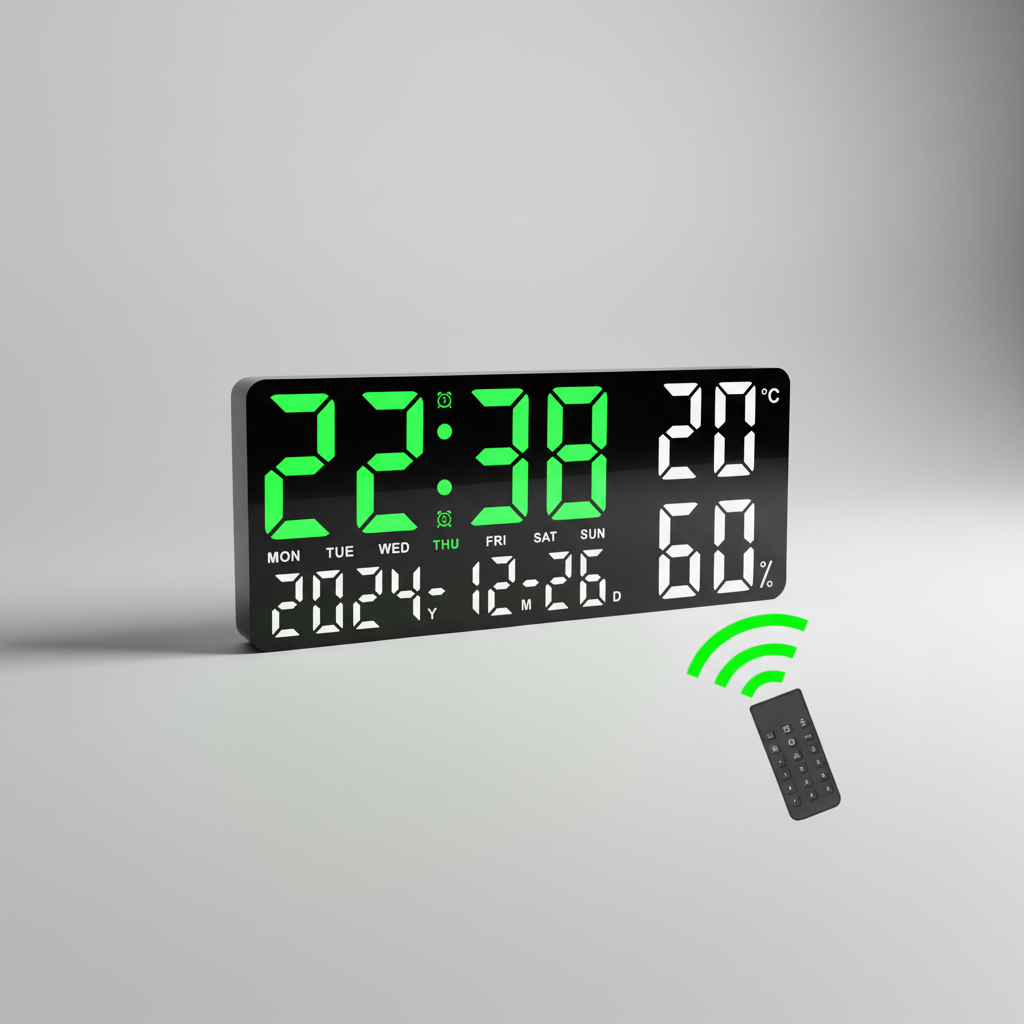 Digital alarm clock with large LED display, temperature and humidity monitoring