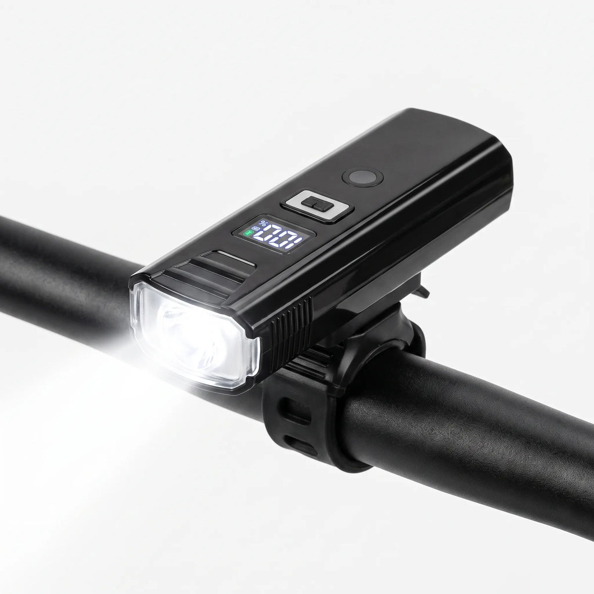 Rechargeable LED bike headlight with adjustable beam angle and digital display