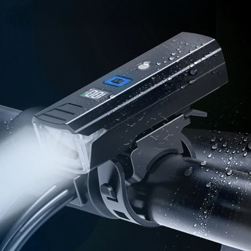 Rechargeable LED bike headlight with adjustable beam angle and digital display