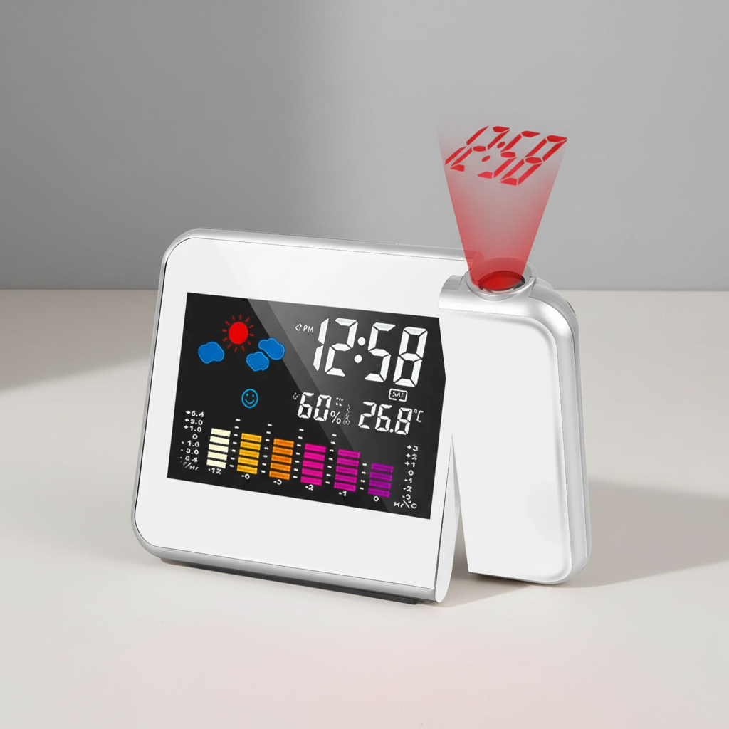 Digital alarm clock with wall projection and color LED display showing time temperature humidity