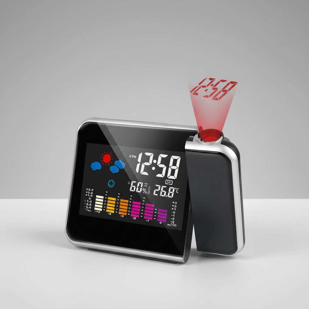 Digital alarm clock with wall projection and color LED display showing time temperature humidity