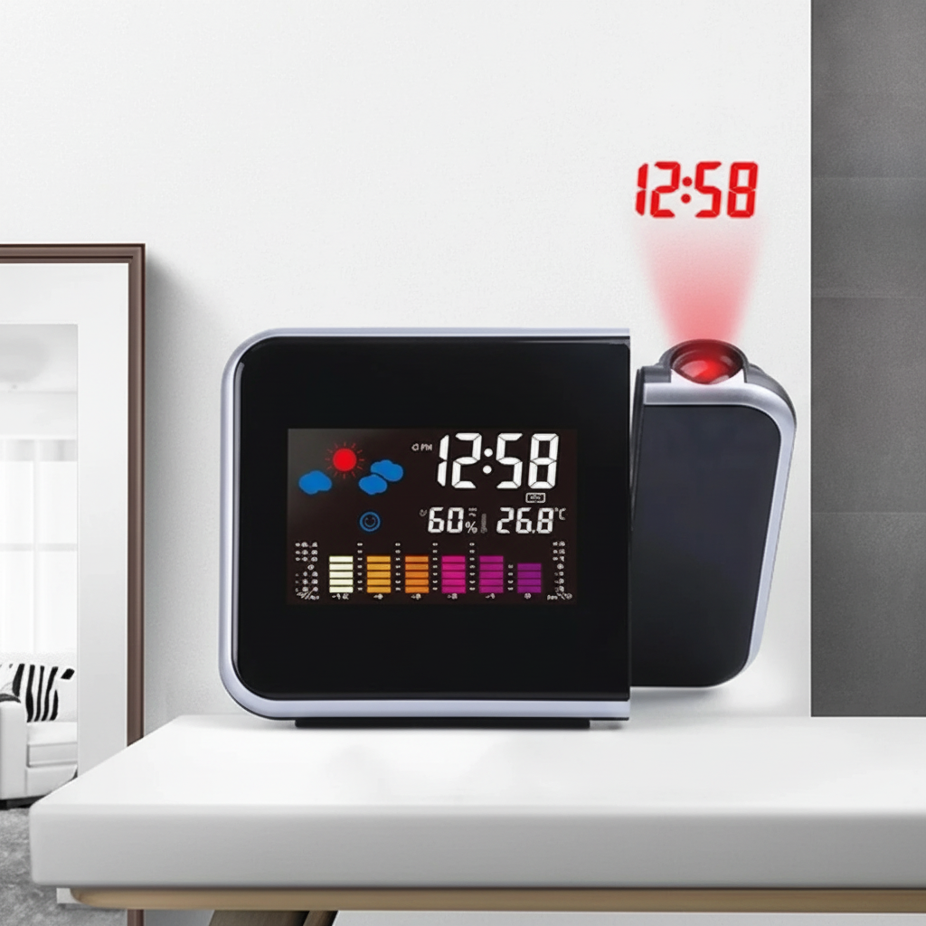 Digital alarm clock with wall projection and color LED display showing time temperature humidity