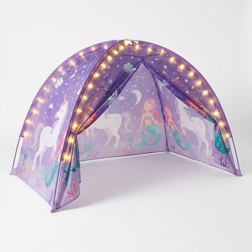 Foldable kids bed canopy tent with ambient lighting and storage pockets