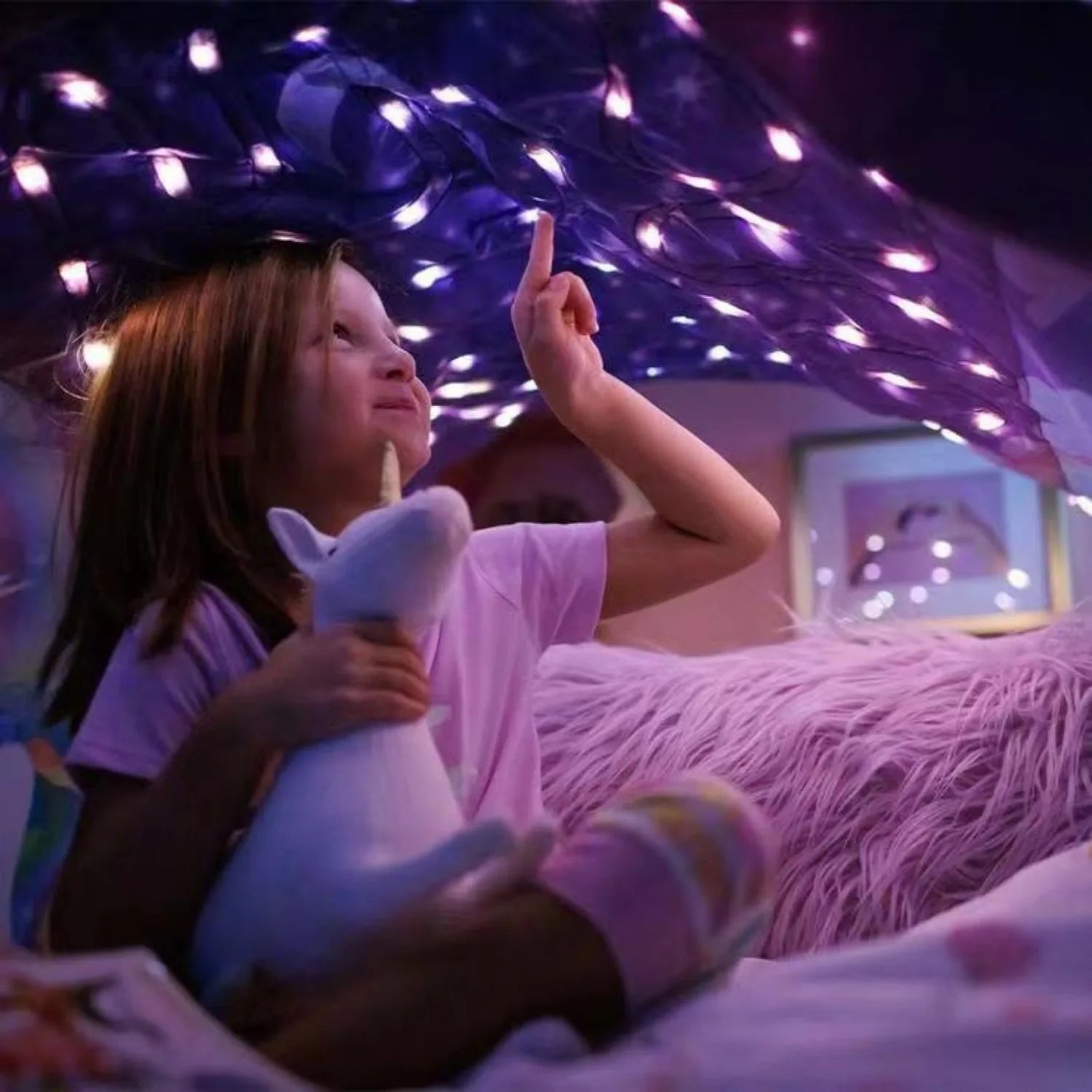 Foldable kids bed canopy tent with ambient lighting and storage pockets