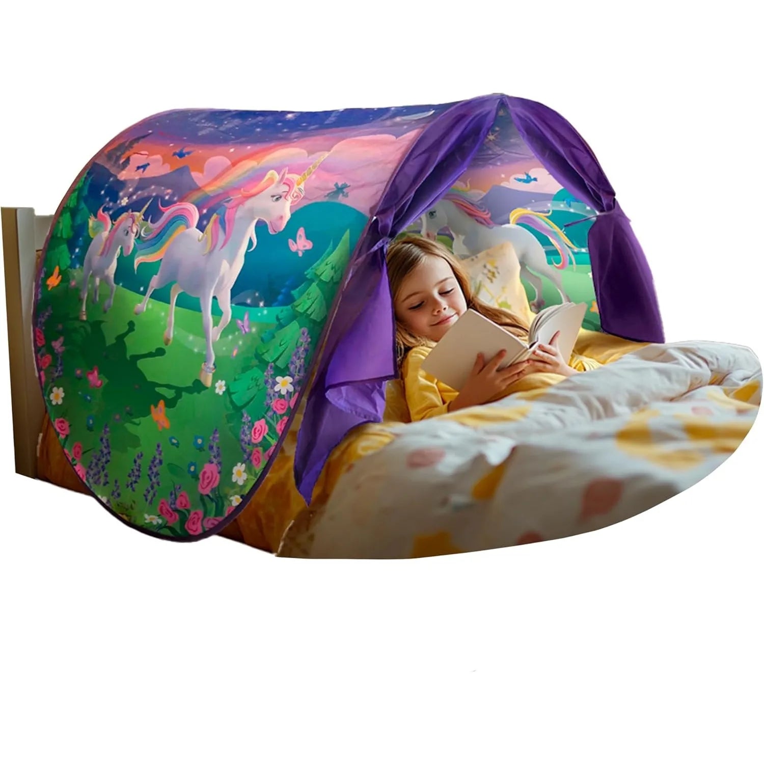 Foldable kids bed canopy tent with ambient lighting and storage pockets