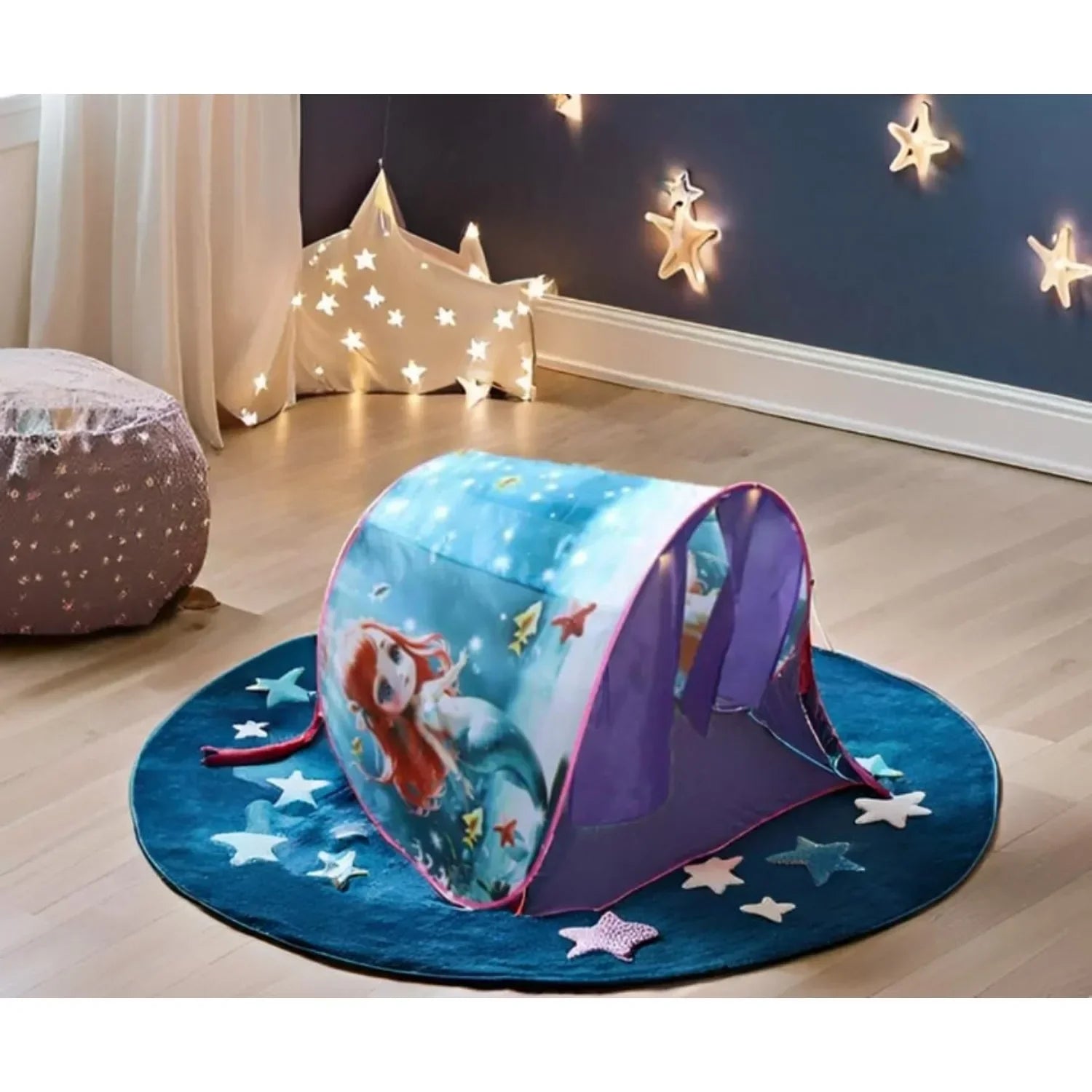 Foldable kids bed canopy tent with ambient lighting and storage pockets