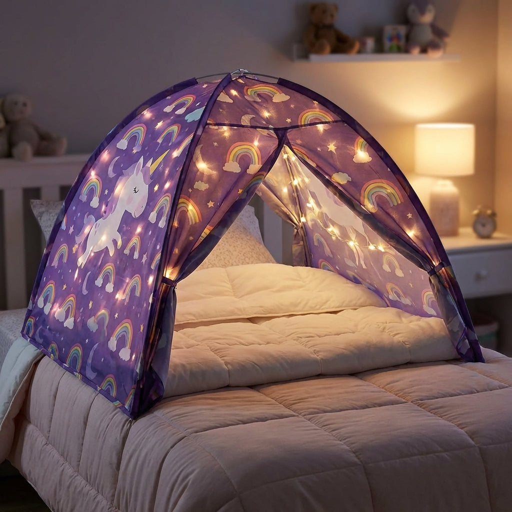 Foldable kids bed canopy tent with ambient lighting and storage pockets