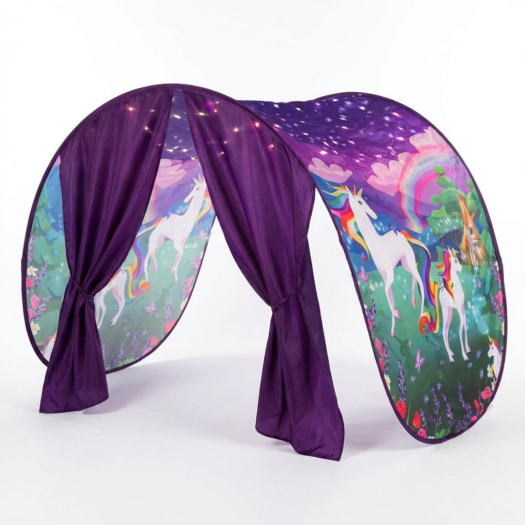 Foldable kids bed canopy tent with ambient lighting and storage pockets