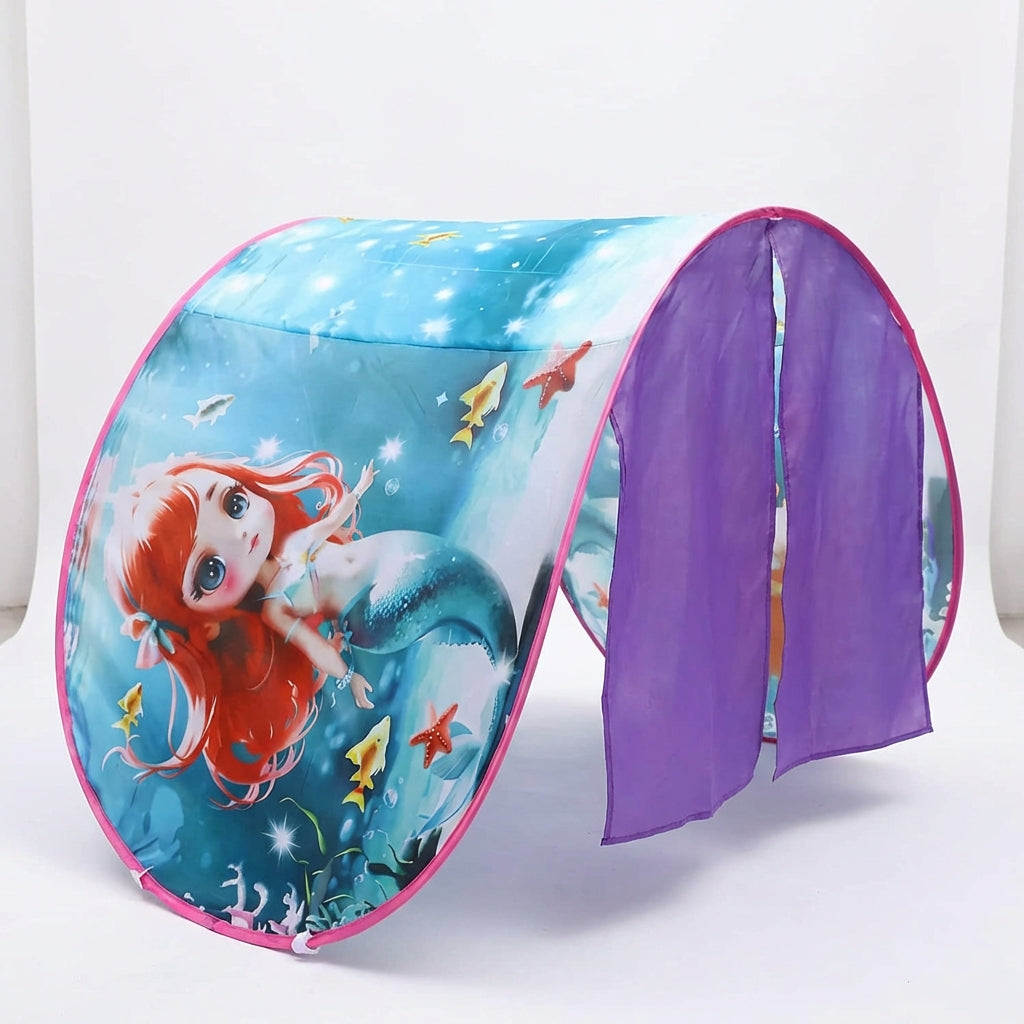 Foldable kids bed canopy tent with ambient lighting and storage pockets